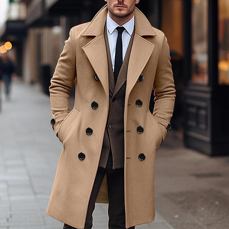 Men's Solid Notch Lapel Double Breasted Long Coat 