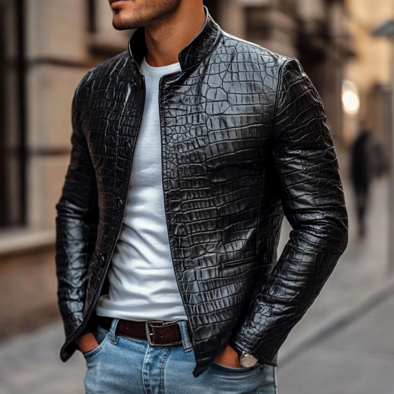 Men's Fashion Crocodile Leather Stand Collar Single Breasted Slim Fit Jacket 