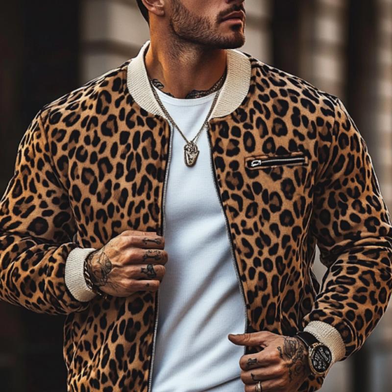 Men's Vintage Leopard Print Colorblock Zip-Up Bomber Jacket 