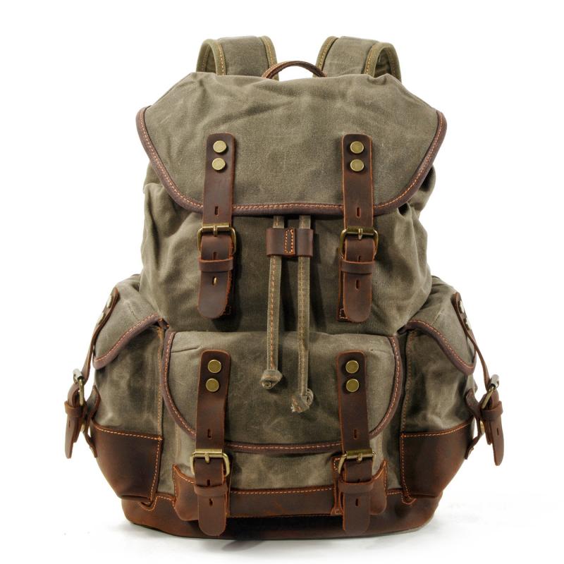 Men's Vintage Outdoor Canvas Stitching Leather Multi-Pocket Backpack 