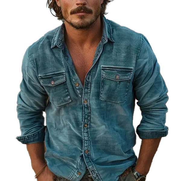 Men's Vintage Washed Corduroy Chest Pocket Shirt 