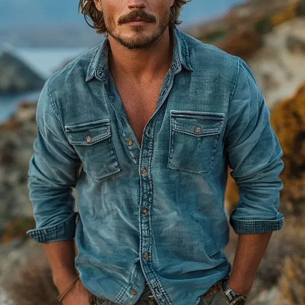 Men's Vintage Washed Corduroy Chest Pocket Shirt 