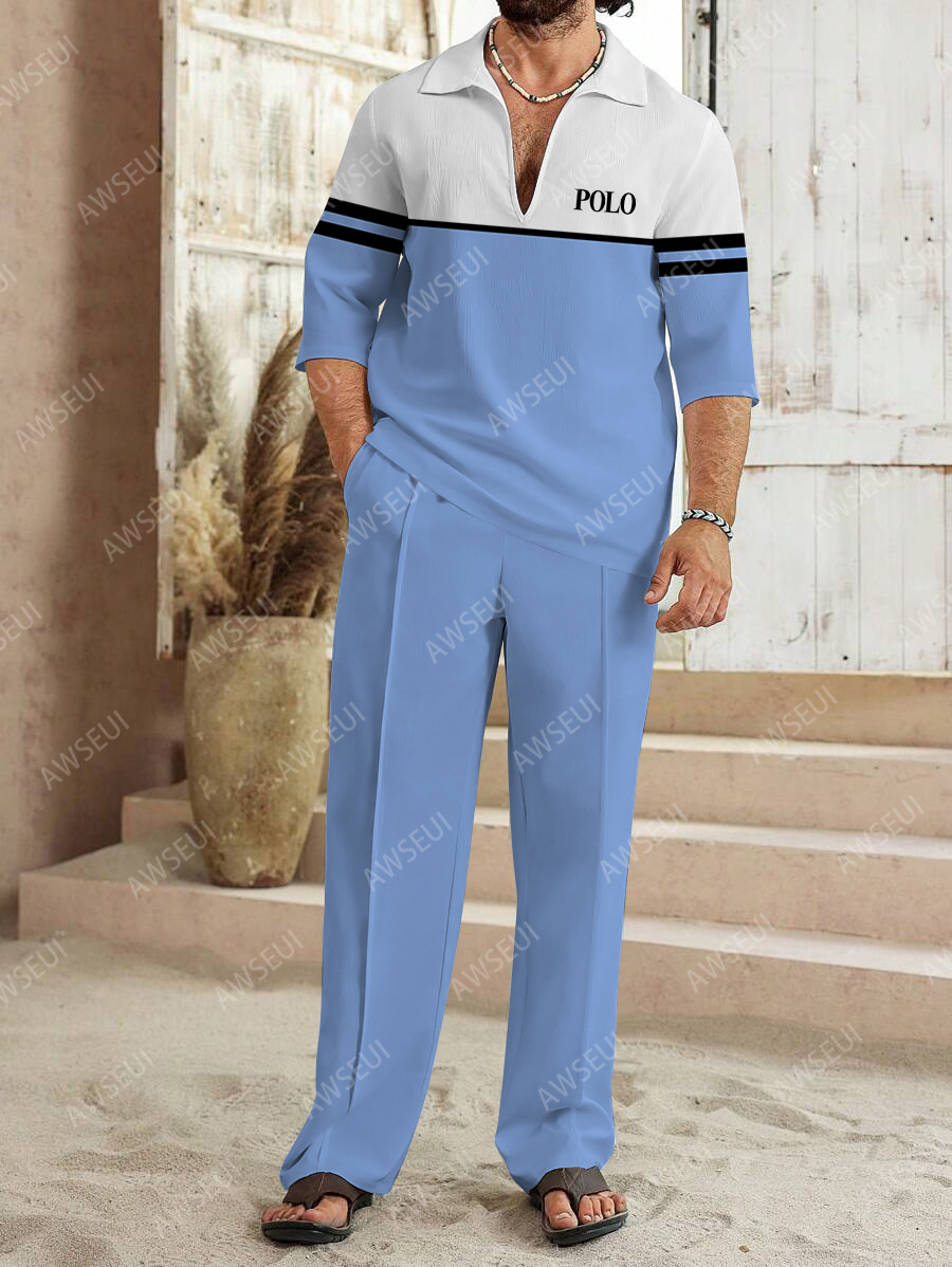 Men's fashion casual color matching print sleeve V-neck two-piece set