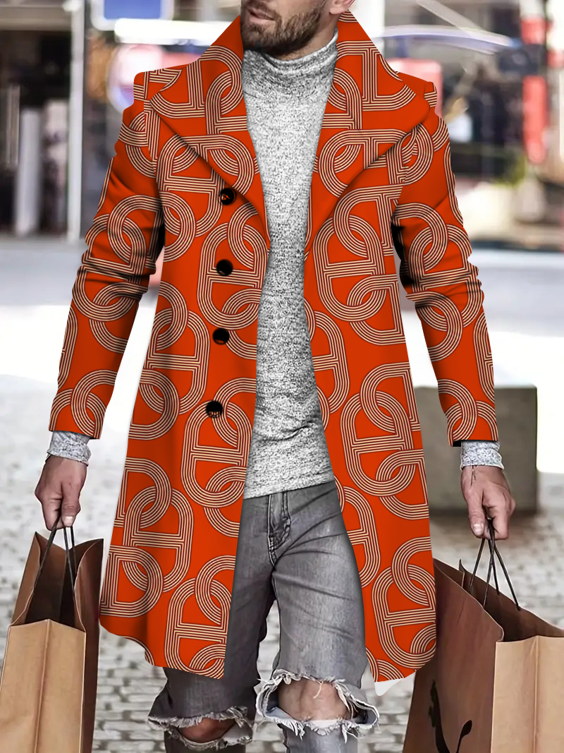 Men's fashion geometric print mid-length coat