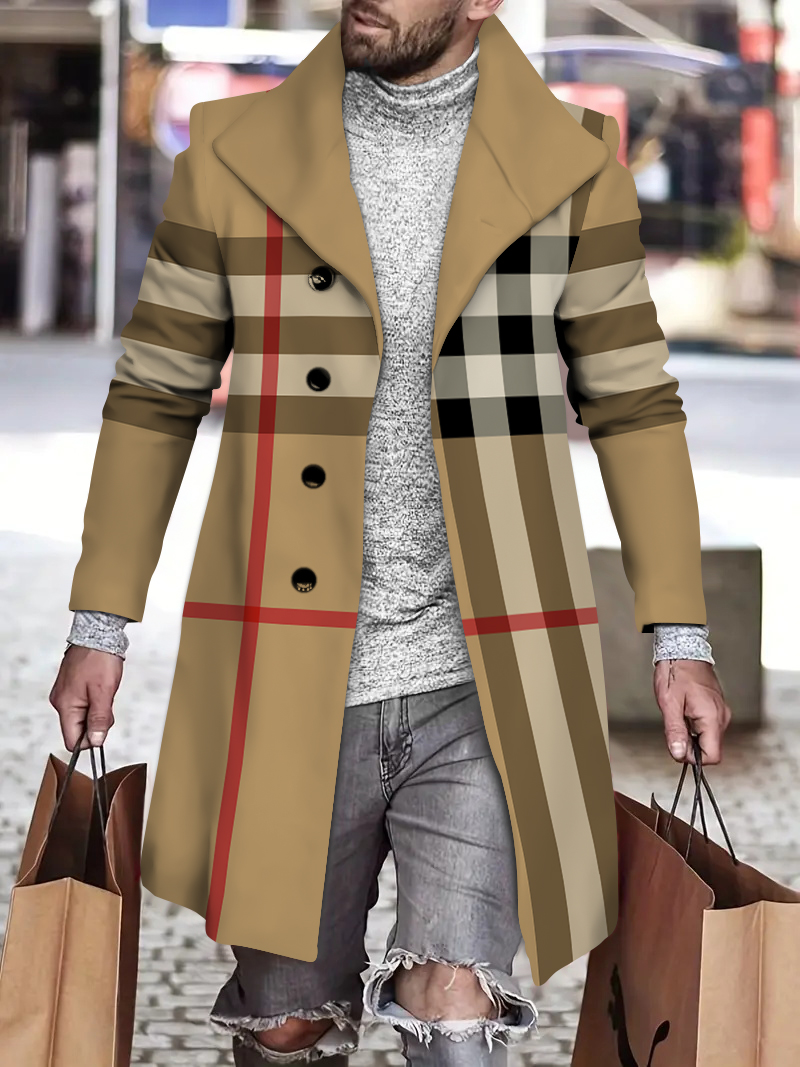 Men's fashion geometric print mid-length coat