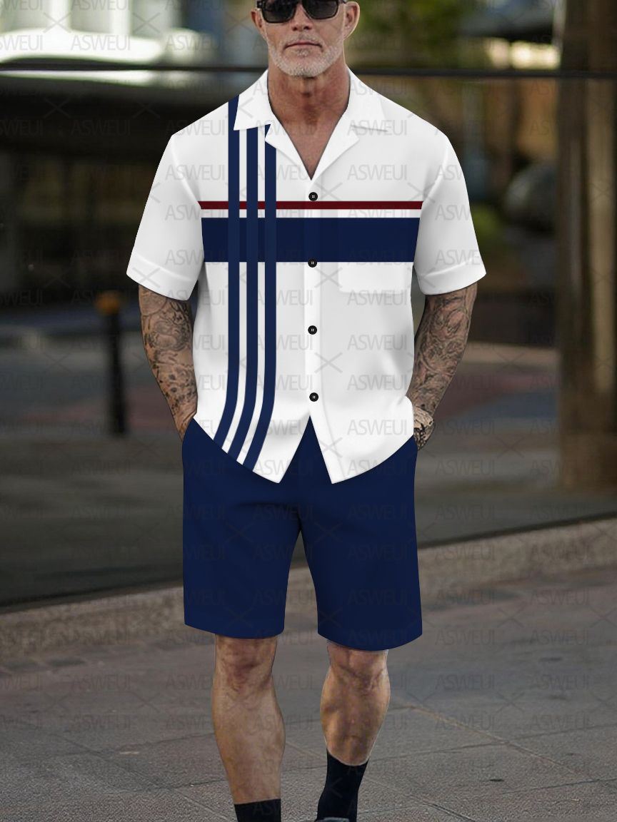 Men's Fashion Casual Geometric Print Short-Sleeved Shirt Set