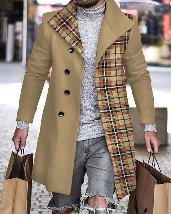 Men's fashion geometric print mid-length coat
