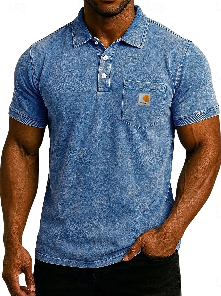 Men's Acid Wash Casual  Cotton Short Sleeve Polo Shirt