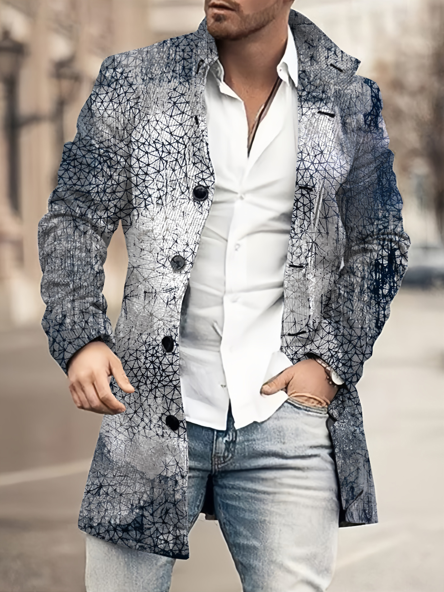 Men's fashion geometric print mid-length coat
