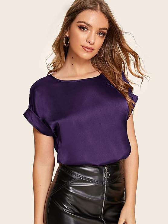 Women's Short Sleeve Satin Blouse Casual Loose Silk Tops Shirt