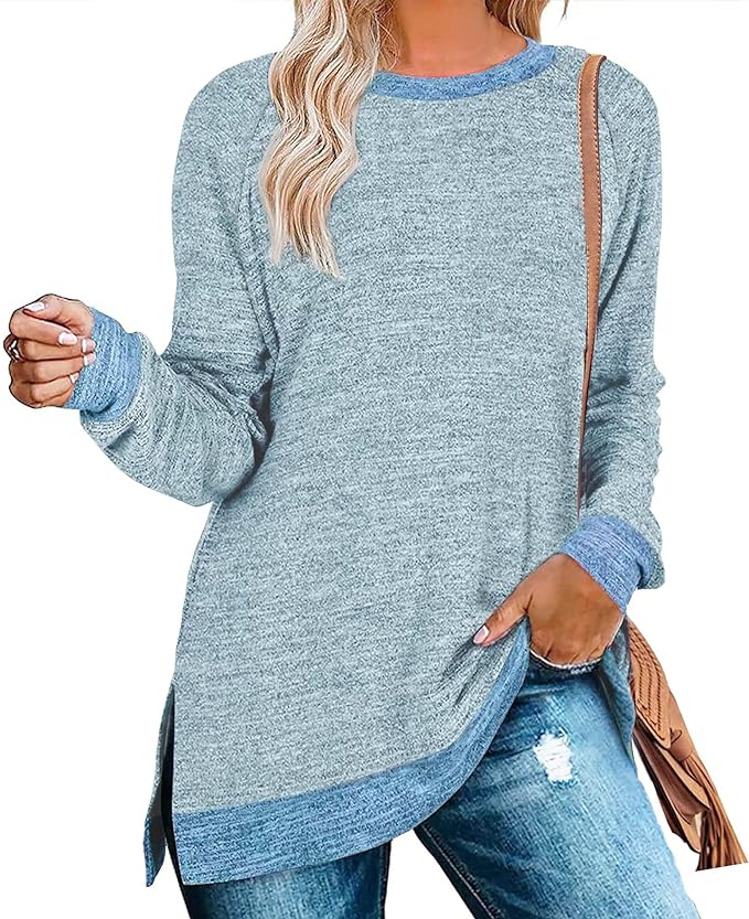 Womens Sweatshirts Casual Long Sleeve Color Block Crewneck Sweaters Tunic Tops