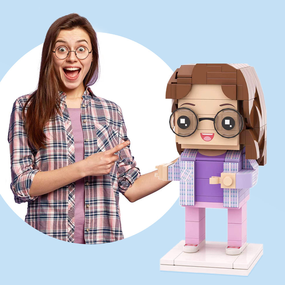 Full Body Customizable 1 Person Custom Brick Figures Small Particle Block Toy Women's Plaid Shirt Brick Me Figures (12*6*6cm,Female,Multicolored,Over three years old) 