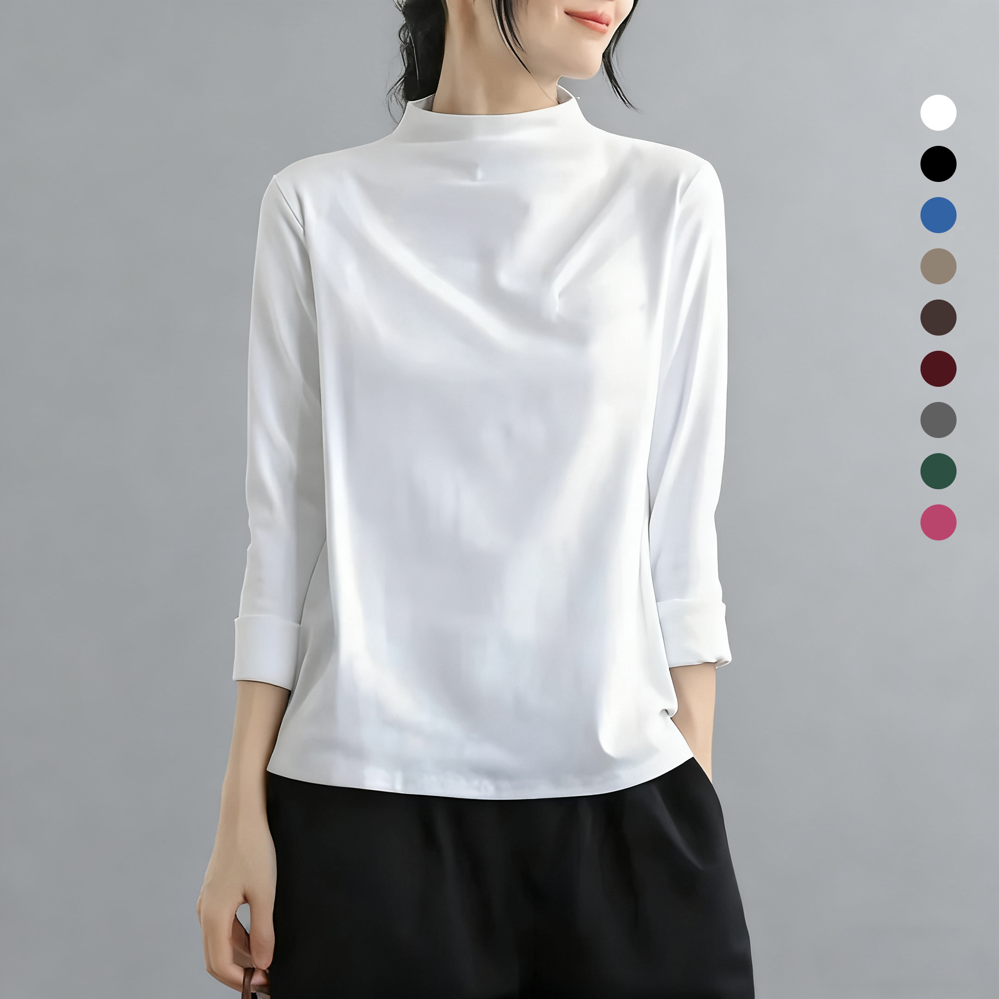 純棉半高領休閒寬鬆百搭文藝打底衫長袖T恤-HaloBless