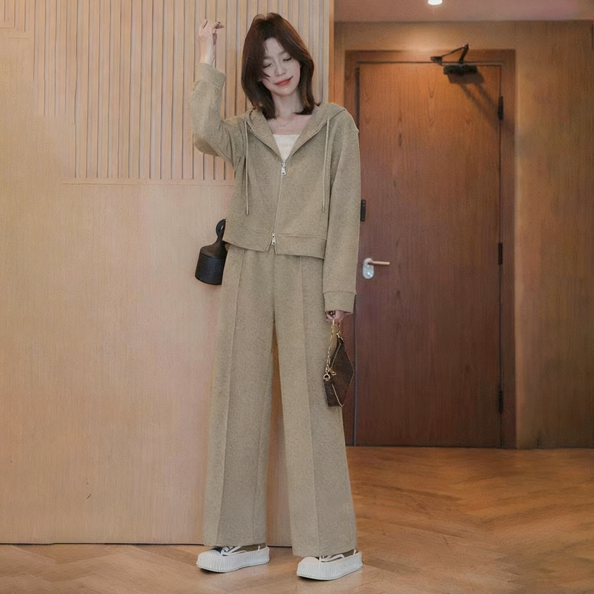 【單件/套裝】時尚連帽短版雙拉鏈外套+直筒休閒褲兩件套