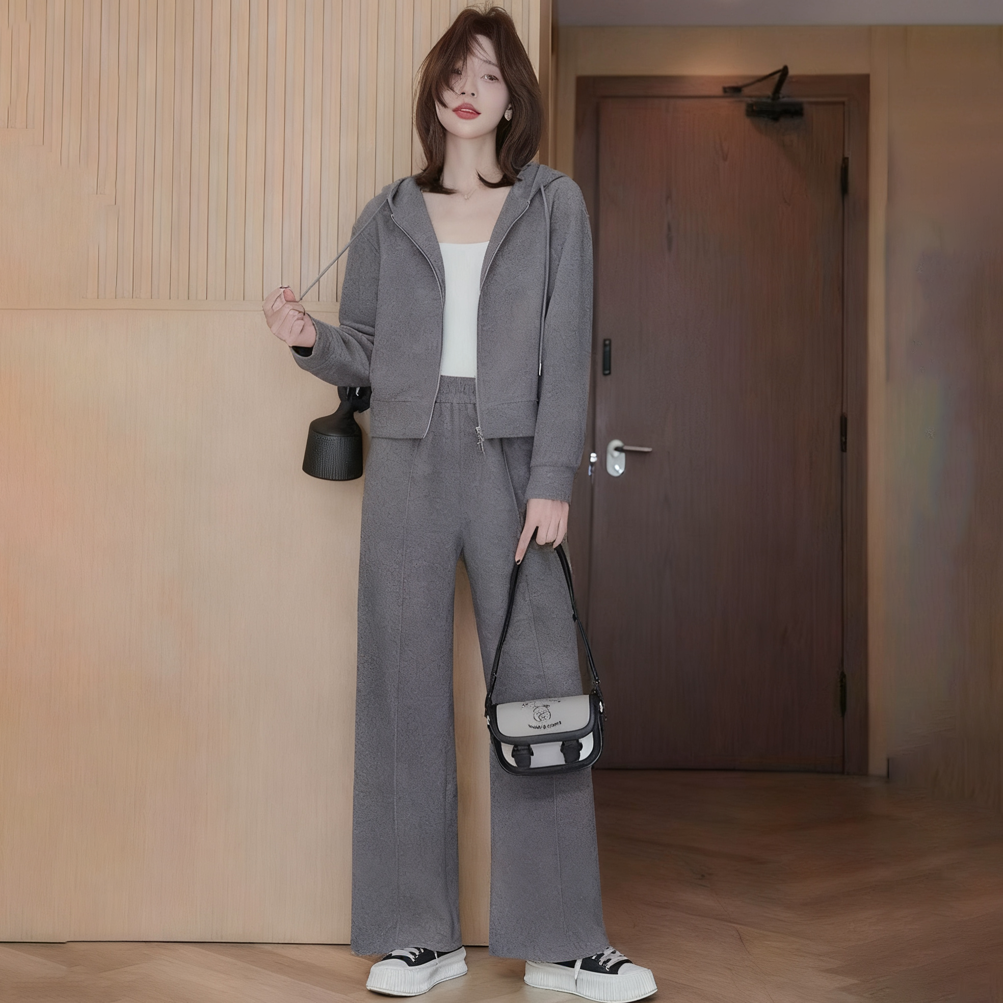 【單件/套裝】時尚連帽短版雙拉鏈外套+直筒休閒褲兩件套