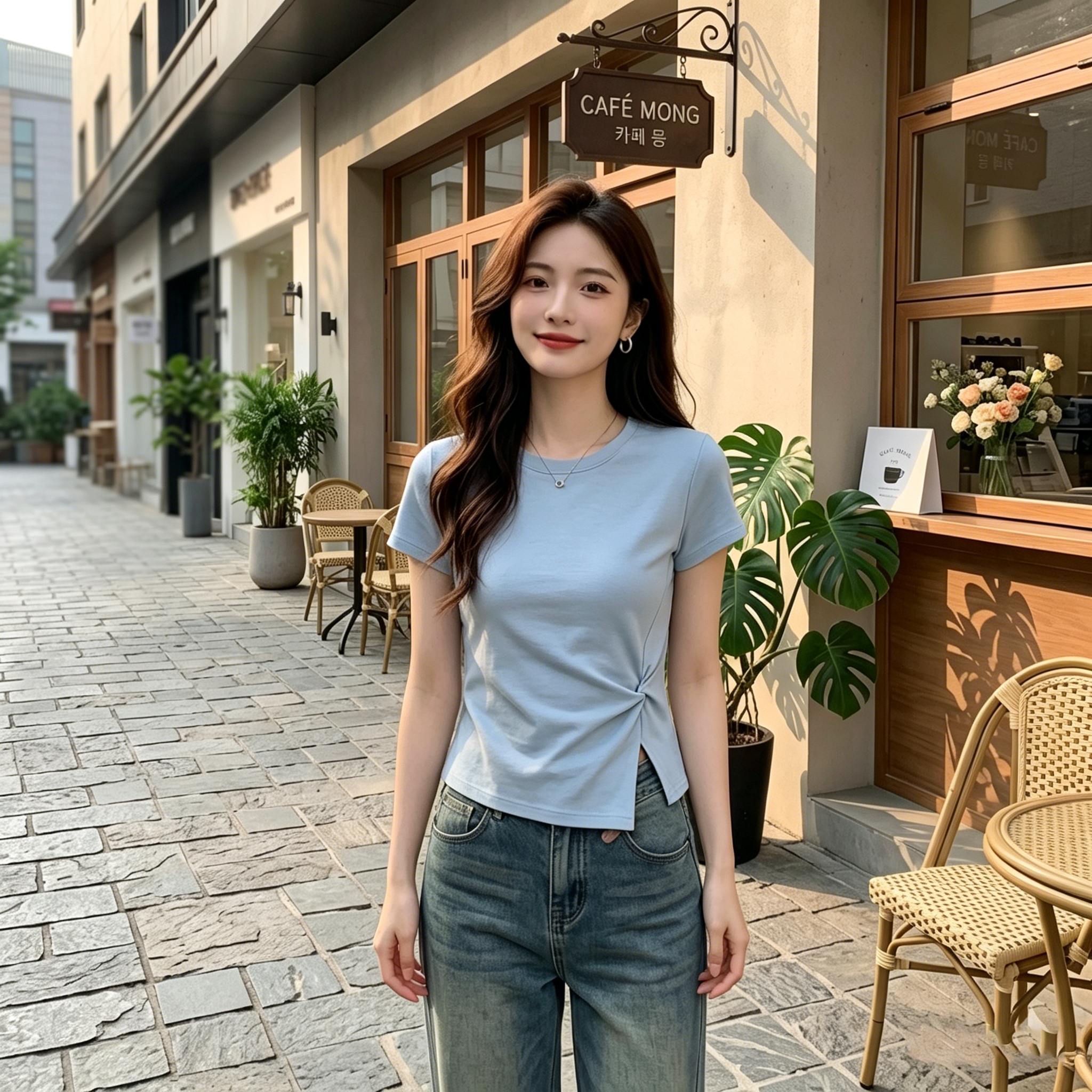 韓系百搭修身圓領扭結開叉短袖T恤