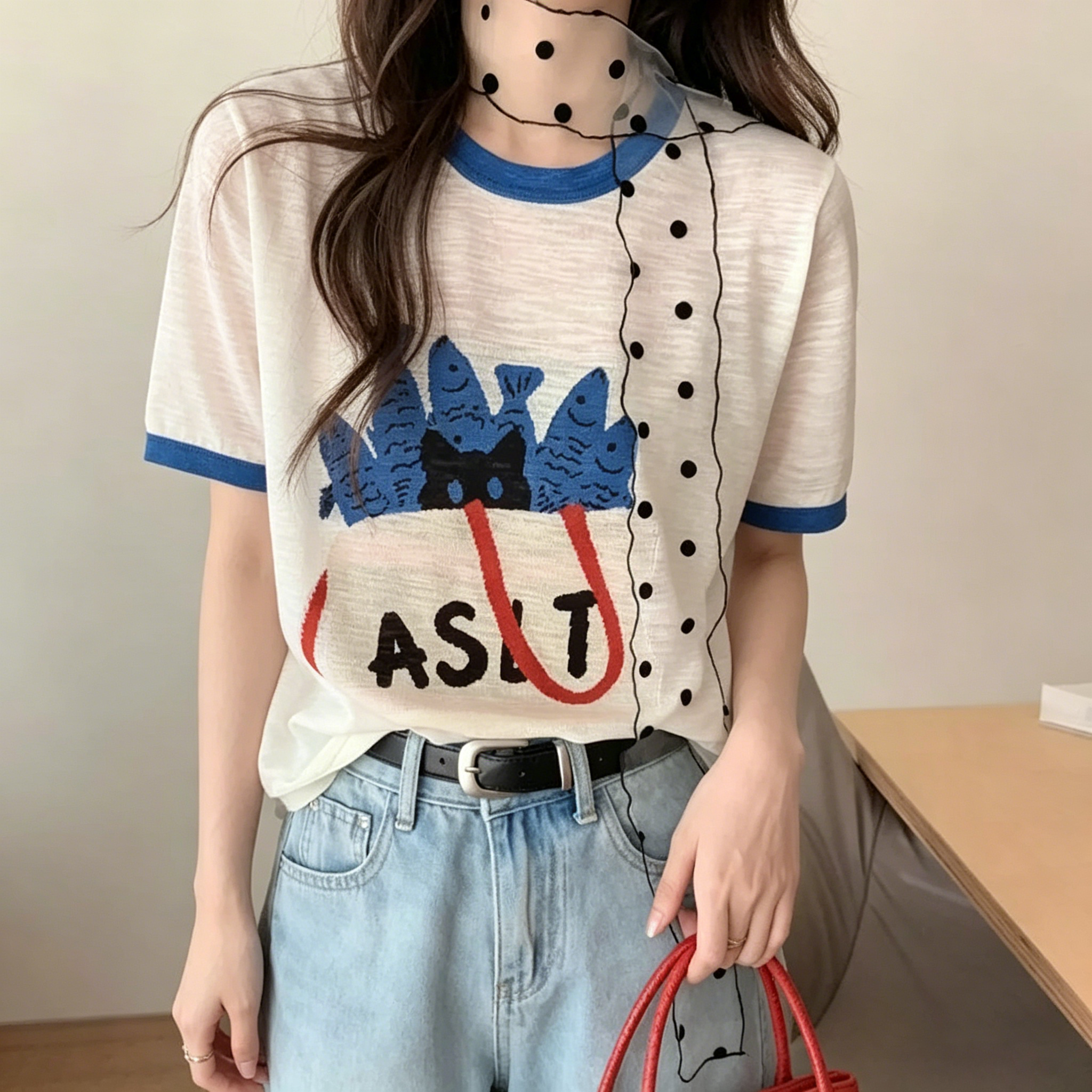 竹節棉設計感可愛印花多巴胺圓領短袖