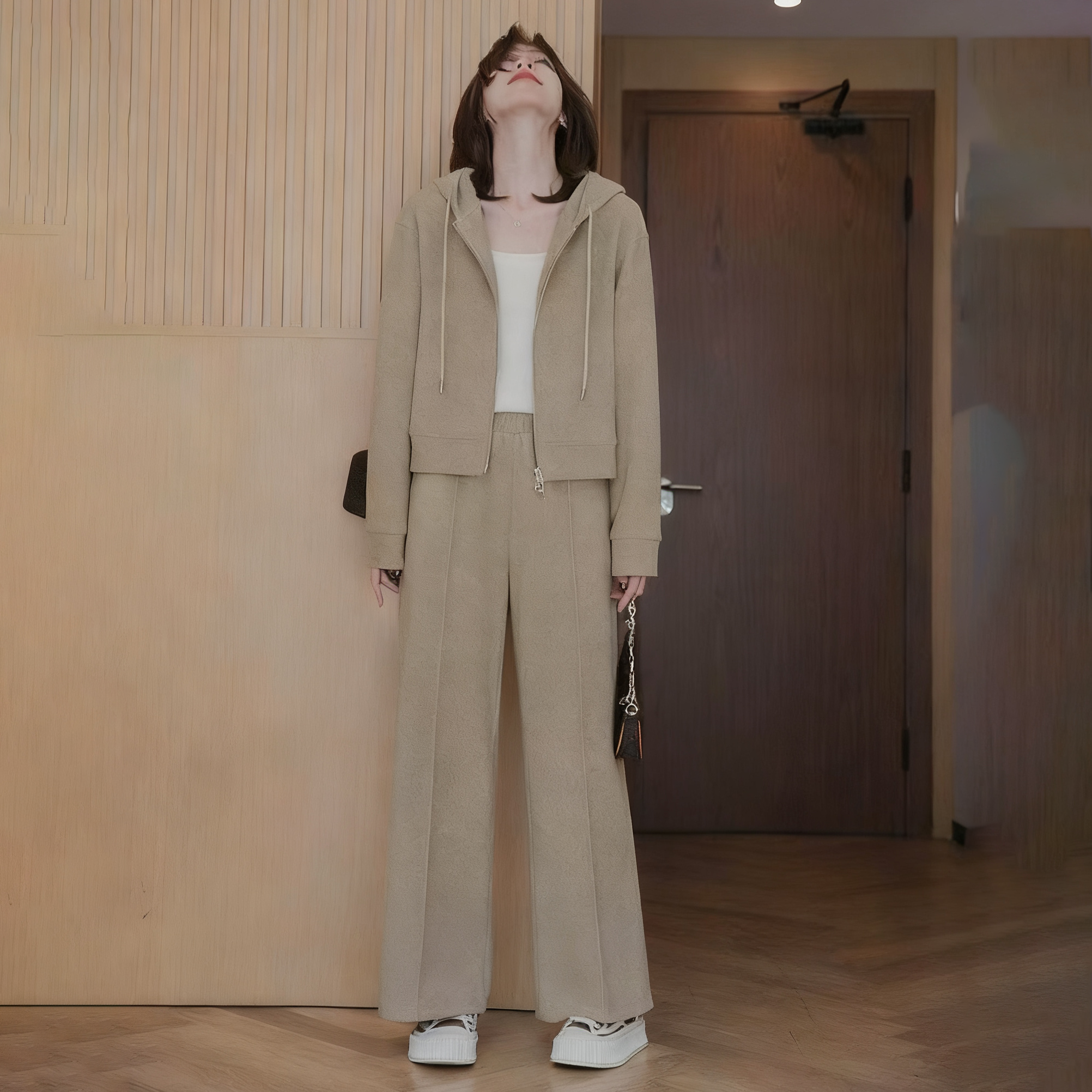 【單件/套裝】時尚連帽短版雙拉鏈外套+直筒休閒褲兩件套