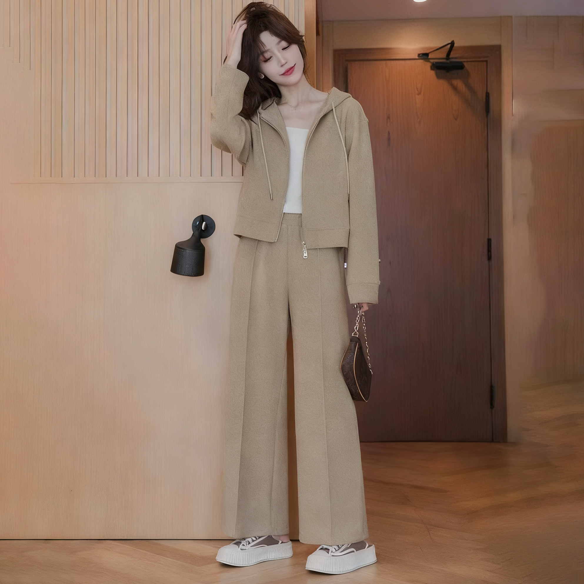 【單件/套裝】時尚連帽短版雙拉鏈外套+直筒休閒褲兩件套