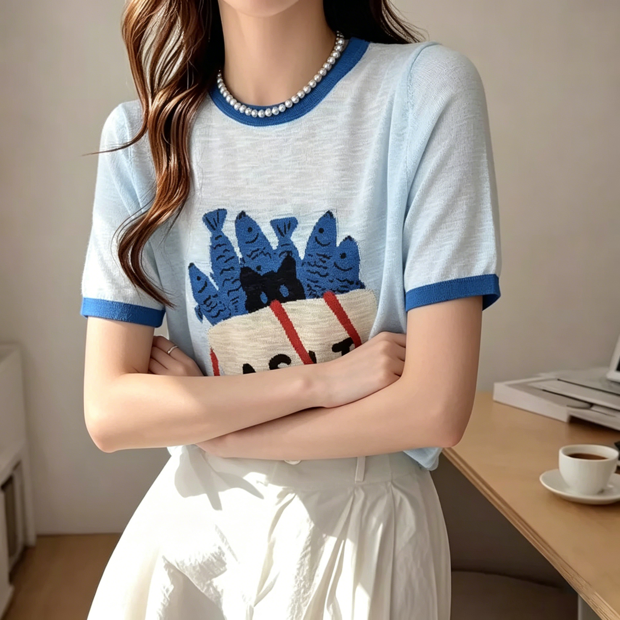 竹節棉設計感可愛印花多巴胺圓領短袖