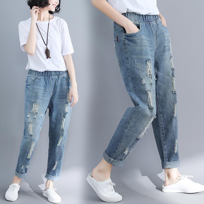 鬆緊腰直筒九分磨破洞牛仔褲-HaloBless