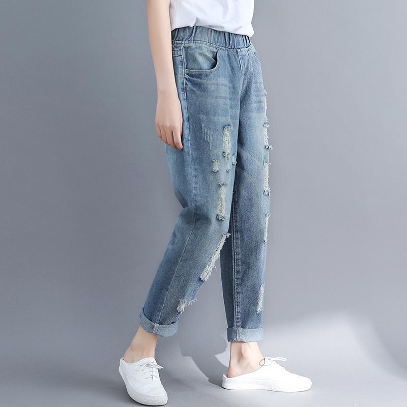 鬆緊腰直筒九分磨破洞牛仔褲-HaloBless