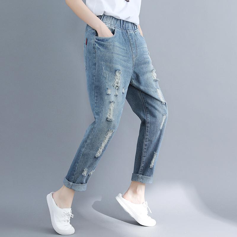 鬆緊腰直筒九分磨破洞牛仔褲-HaloBless