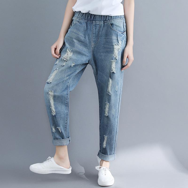 鬆緊腰直筒九分磨破洞牛仔褲-HaloBless