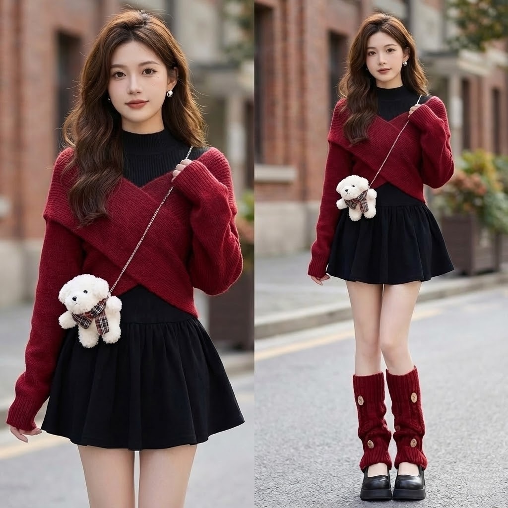 【單件/套裝】小香風交叉毛衣+黑色洋裝兩件套裝