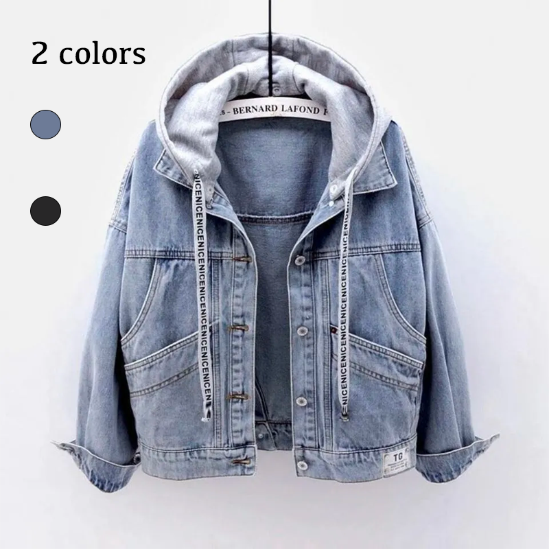 牛仔外套韓版寬鬆短款外套長袖連帽夾克多口袋百搭夾克-HaloBless
