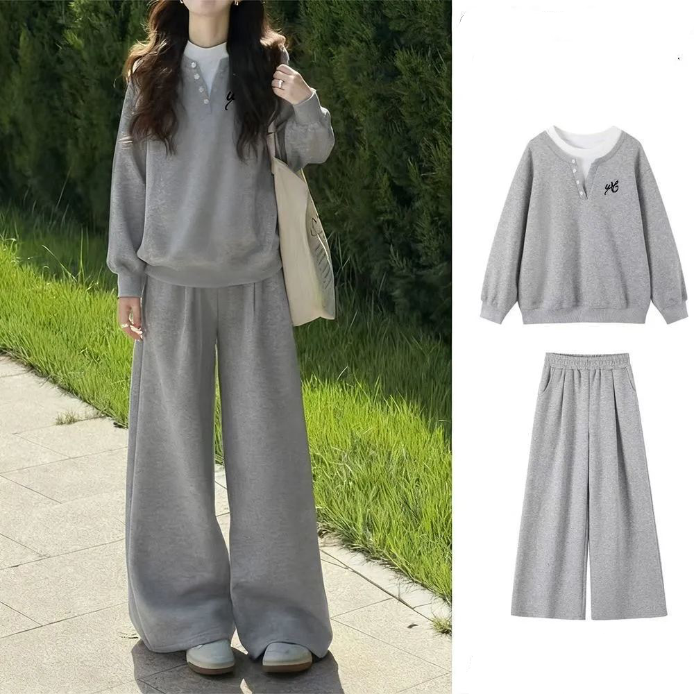 【單件/套裝】休閒加絨寬鬆假兩件衛衣+運動闊腿褲兩件套