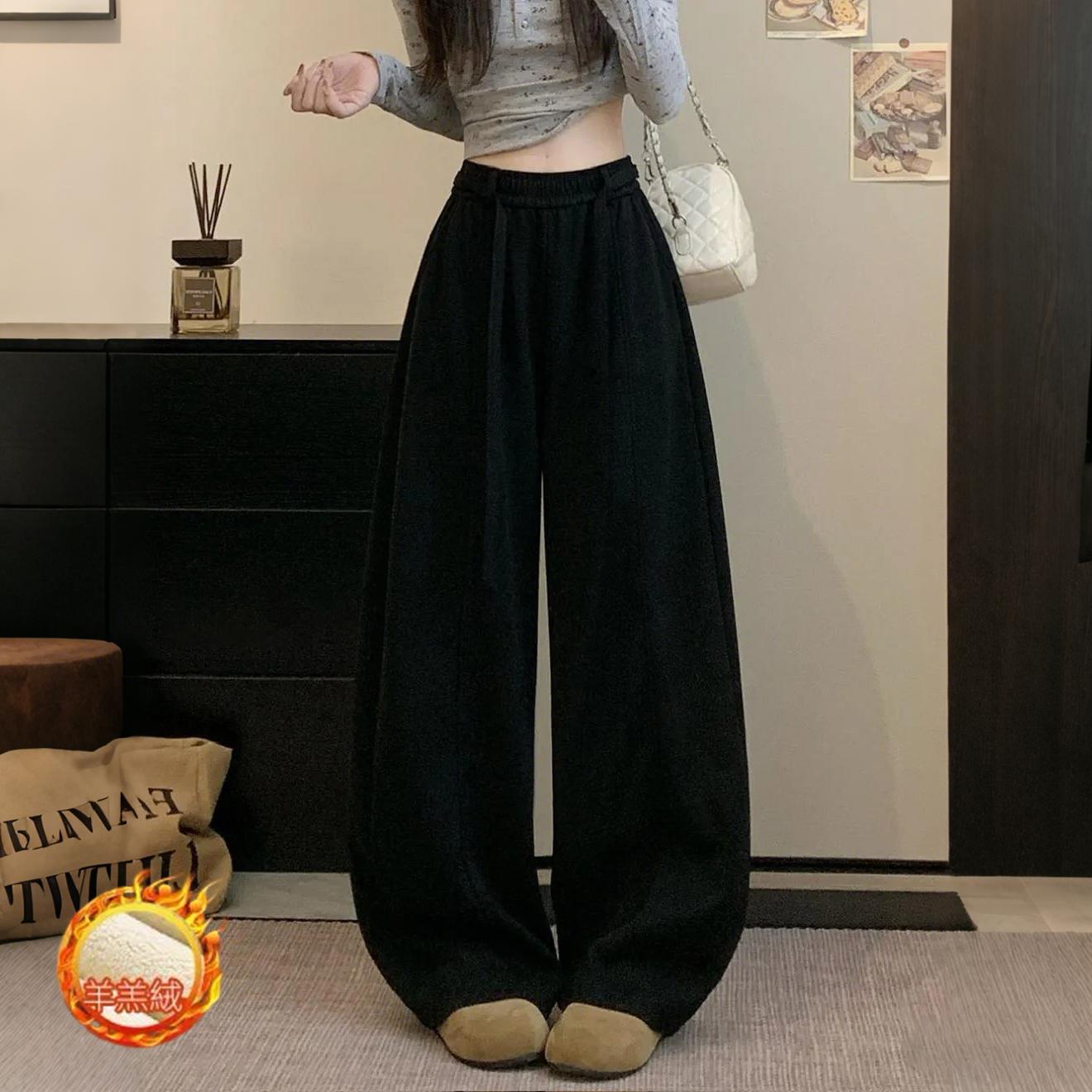 韓版刷毛鬆緊高腰休閒寬鬆垂感顯瘦闊腿褲