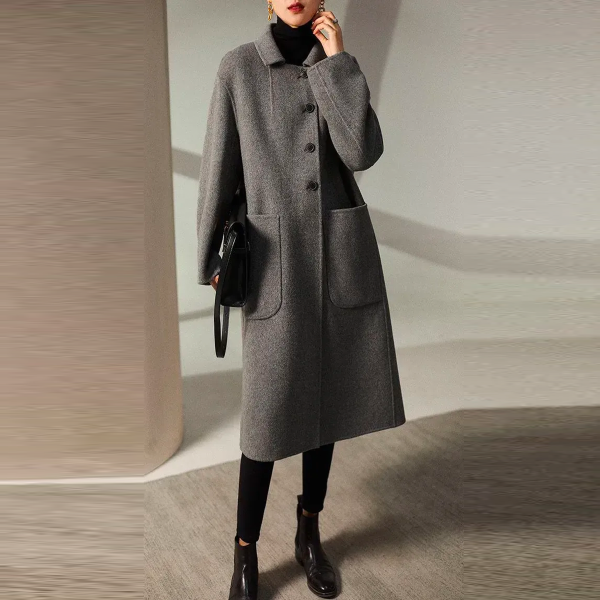 羊毛中長款新款寬鬆高端絨毛呢外套開衫-HaloBless