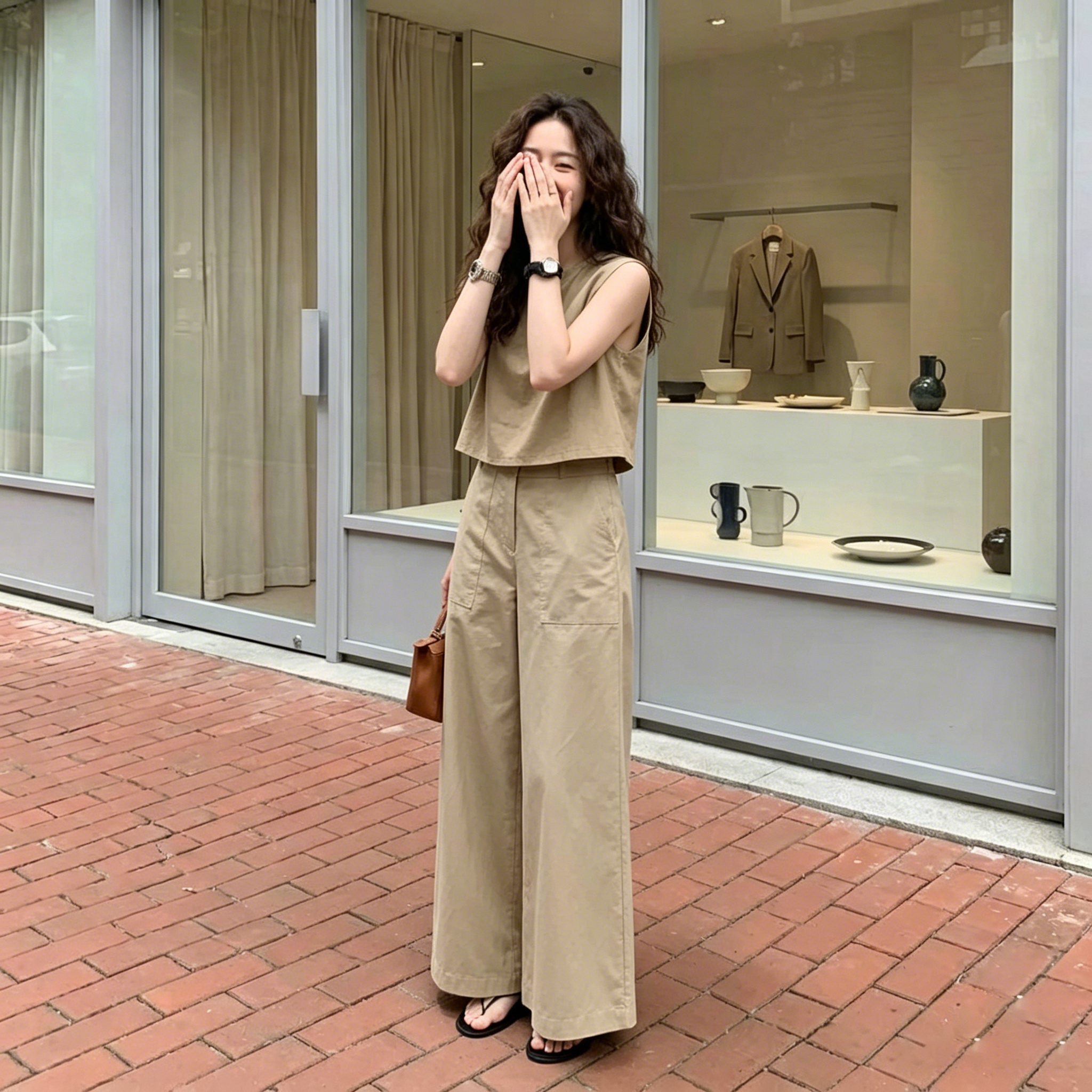 【單件/套裝】極簡魅力純色無袖背心+高腰顯瘦闊腿褲兩件套裝