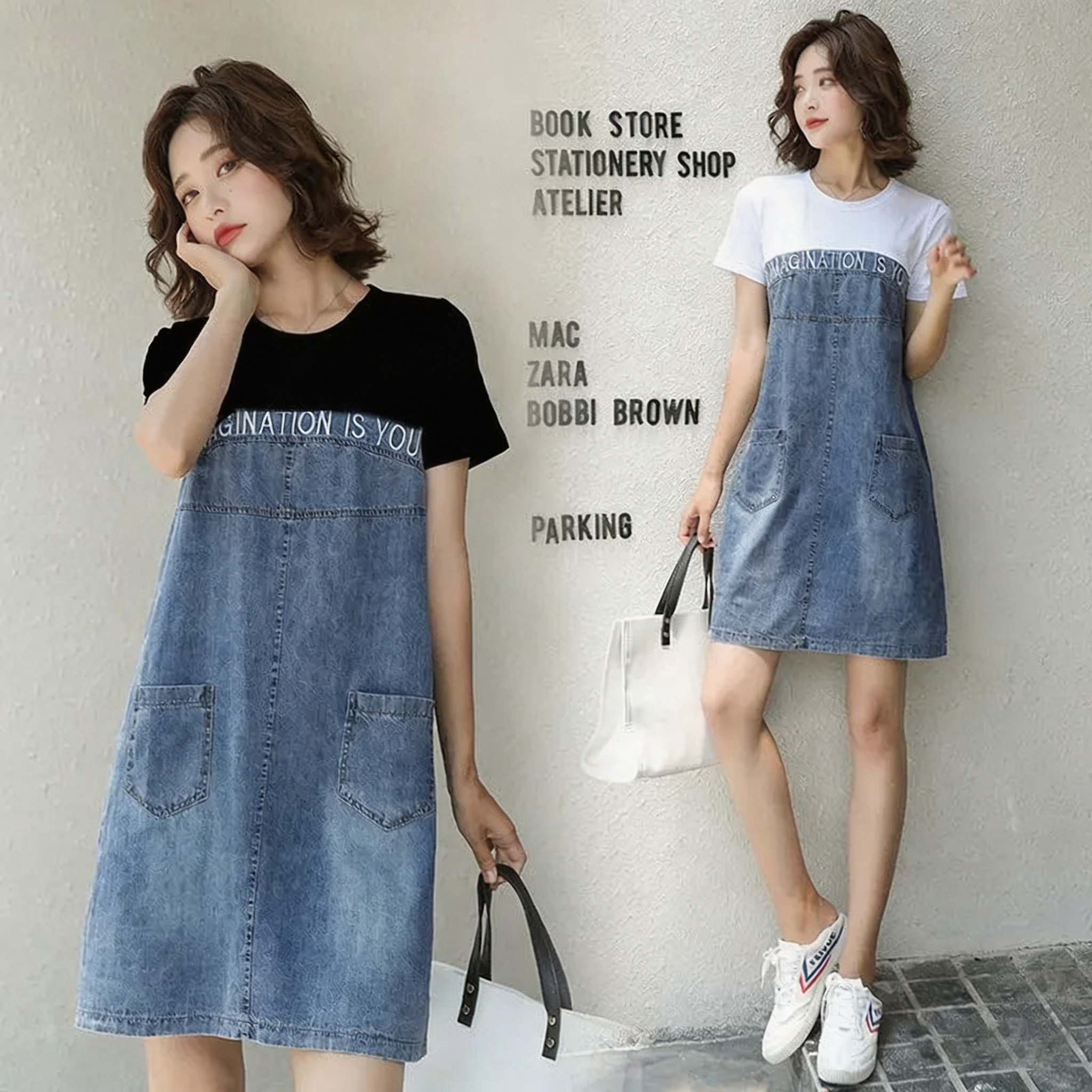 顯瘦氣質設計感T恤拼接牛仔寬鬆洋裝