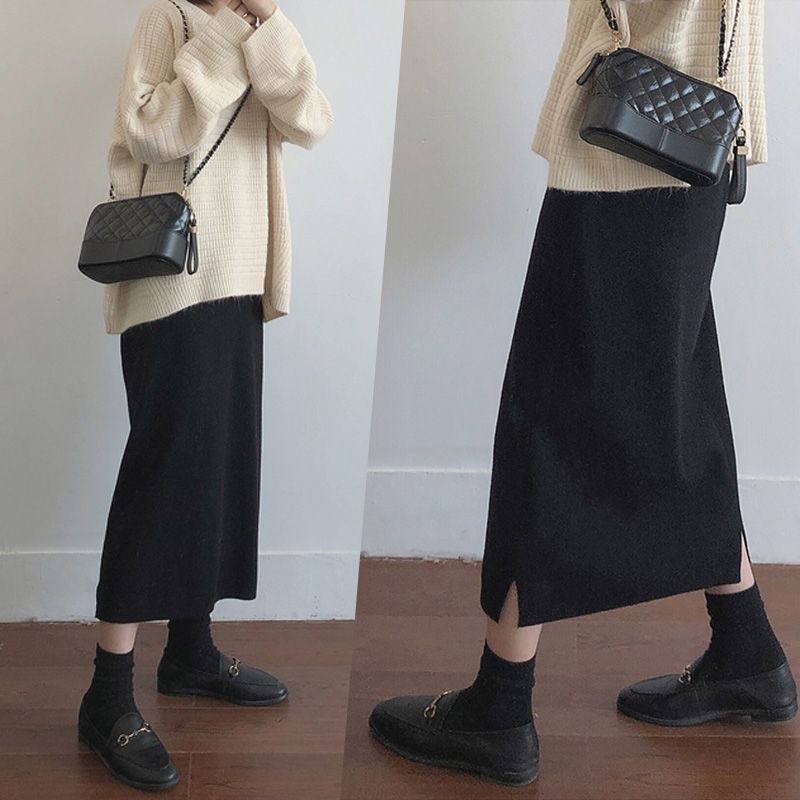 高腰直筒開叉中長款A字裙針織半身裙-HaloBless