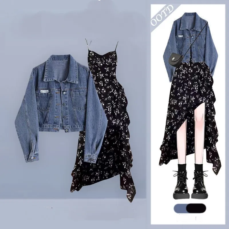 【單品/套裝】不規則碎花吊帶洋裝藍色牛仔短外套兩件套裝-HaloBless