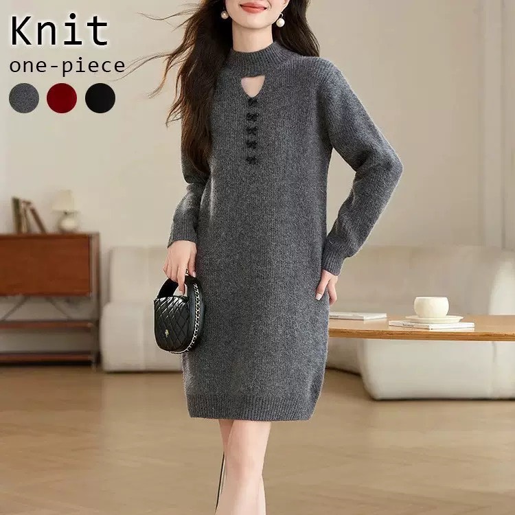 時尚百搭寬鬆加厚半高領中長版針織毛衣洋裝