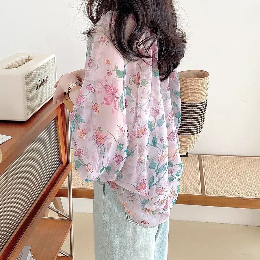 雪紡碎花寬鬆薄紗燈籠袖防曬襯衫-HaloBless