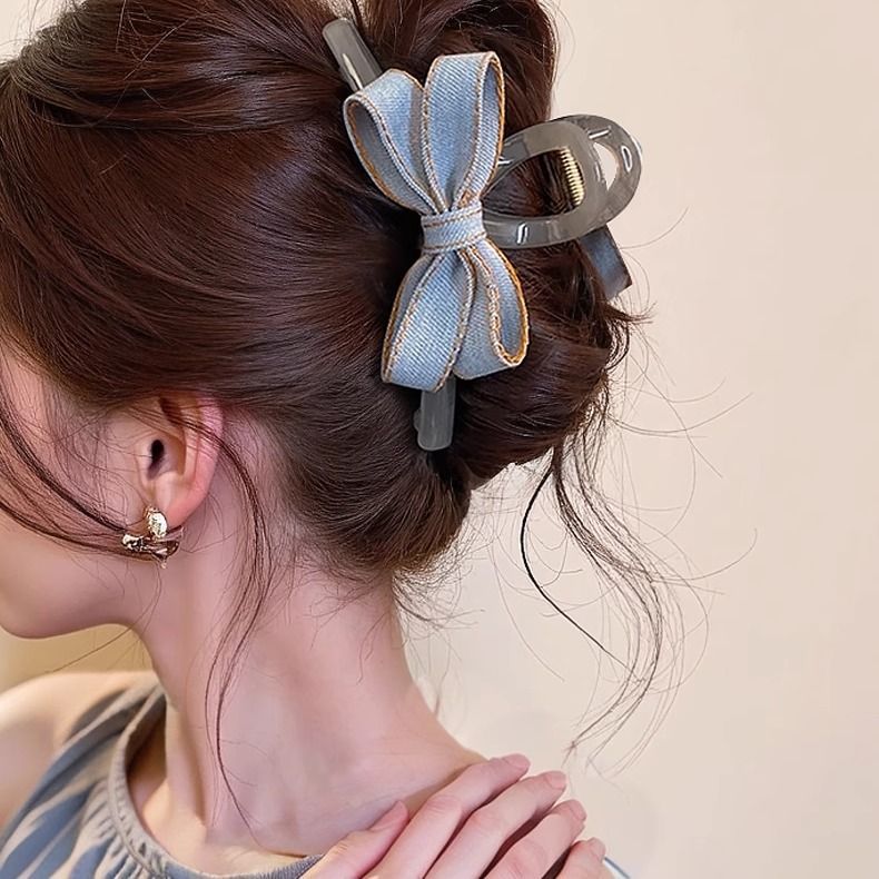 时尚牛仔蓝高级感鲨鱼夹蝴蝶结抓夹-HaloBless