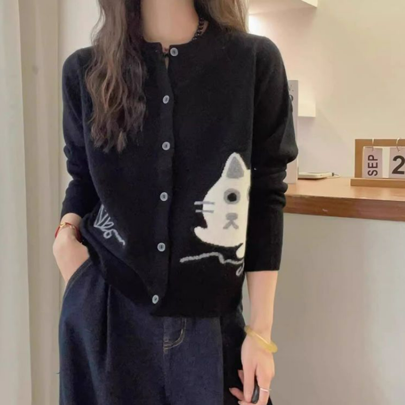 設計感圓領可愛時尚卡通刺繡針織開衫