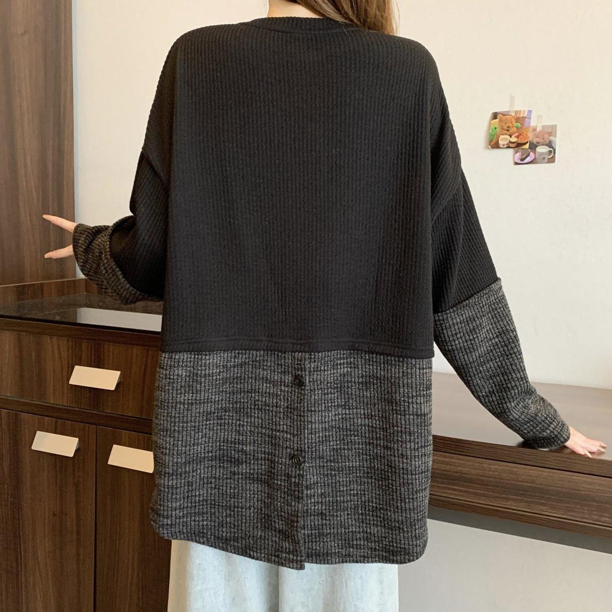 2色設計感拼接寬鬆慵懶撞色長袖T恤-HaloBless