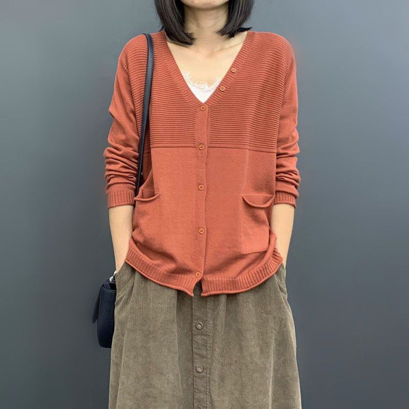 寬鬆顯瘦文藝純色長袖薄款針織開衫-HaloBless