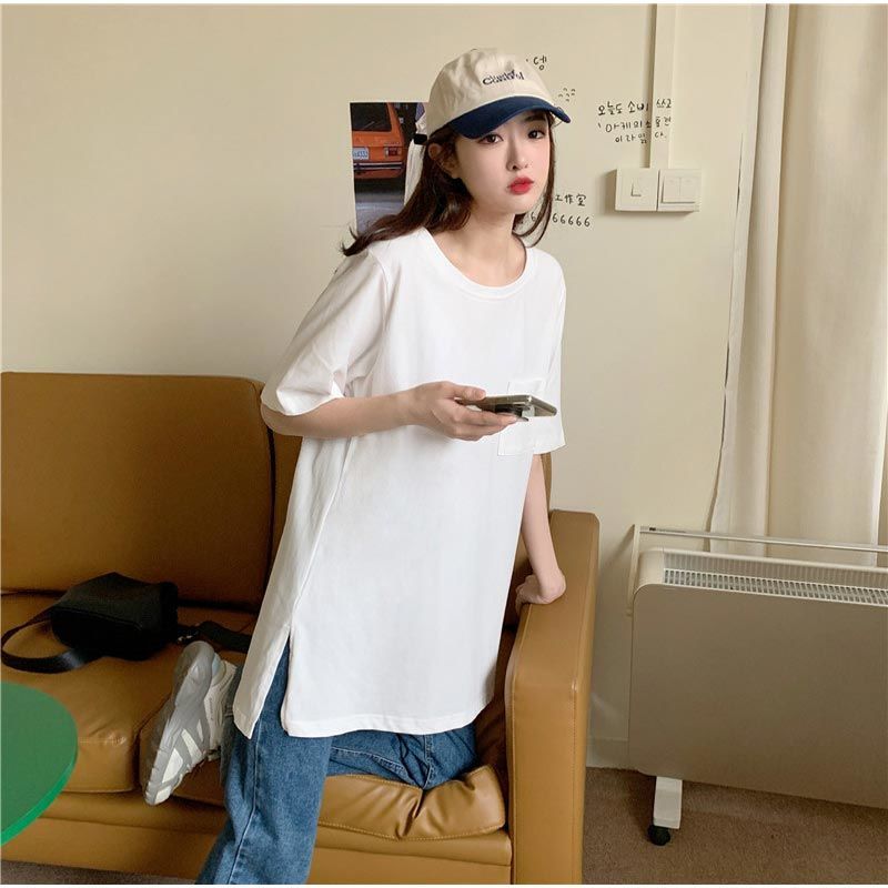 港風純棉寬鬆圓領開叉遮臀中長版短袖T恤
