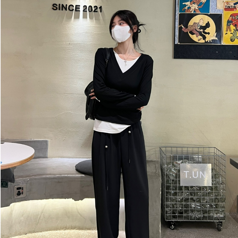 純棉假兩件純慾風內搭修身設計感長袖t恤-HaloBless