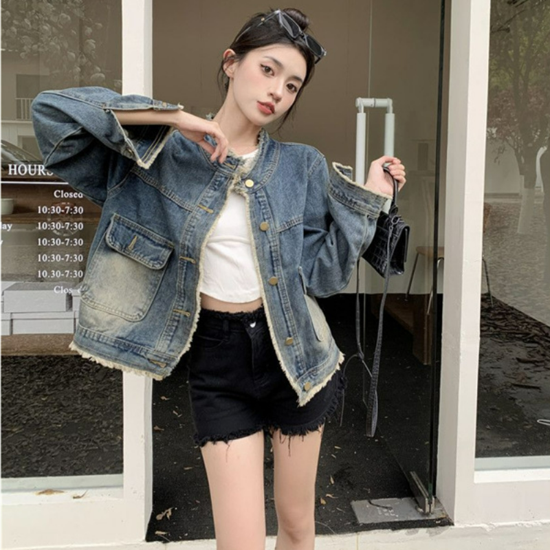 復古毛邊寬鬆顯瘦夾克水洗牛仔外套