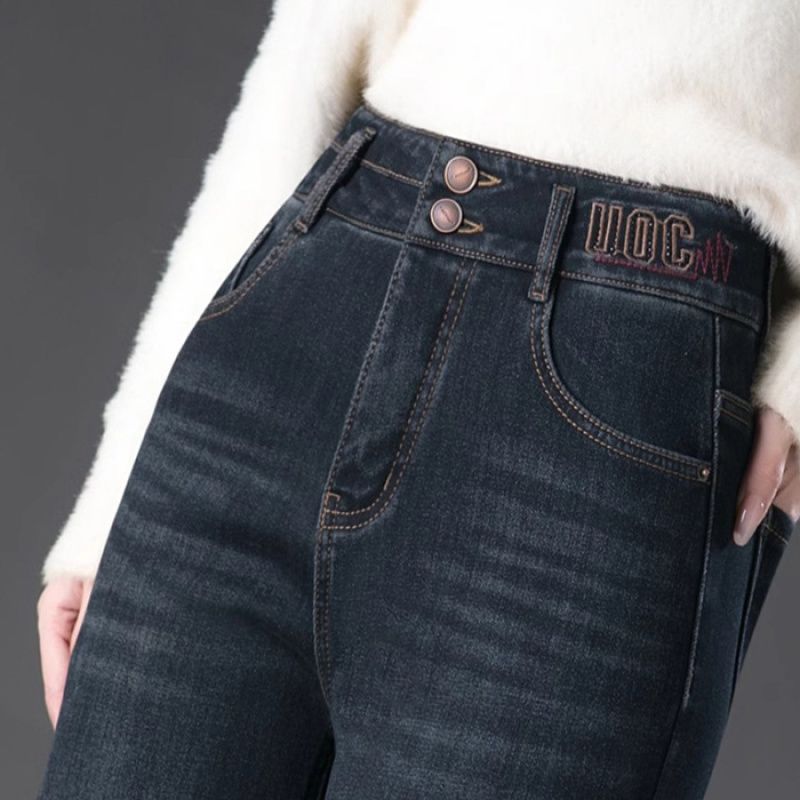 高腰顯瘦微喇刷毛加厚寬鬆休閒牛仔褲