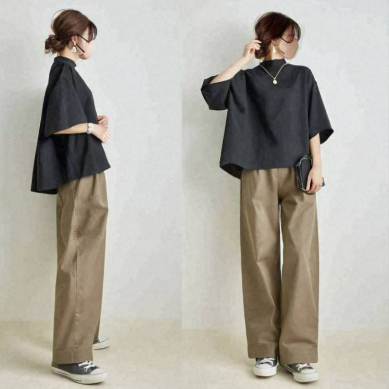 【套裝】日系寬鬆中袖上衣+寬鬆闊腿褲兩件套裝-HaloBless