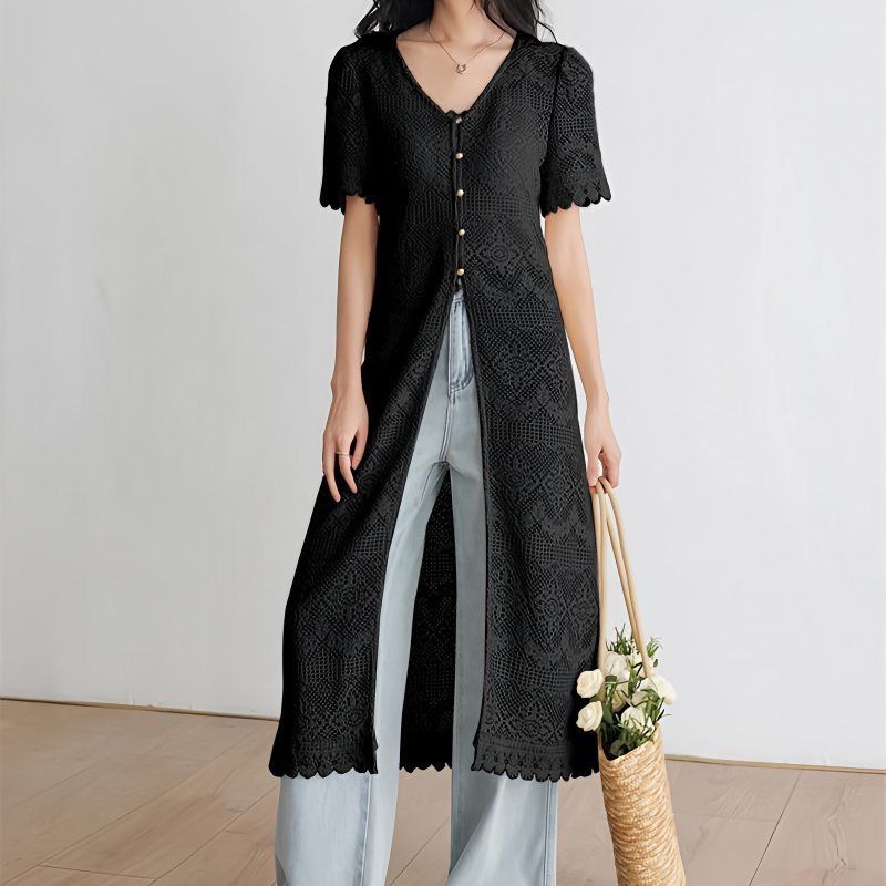防曬衣長版短袖鏤空設計感法式針織開衫