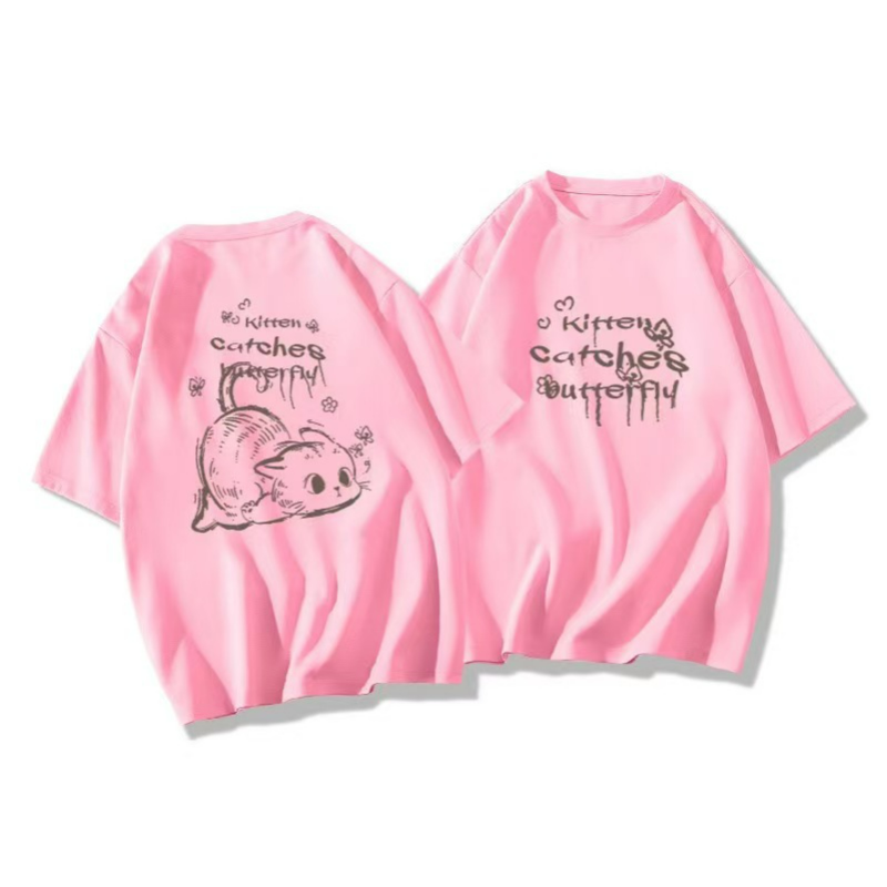 貓咪印花卡通可愛個性寬鬆透氣短袖T恤-HaloBless